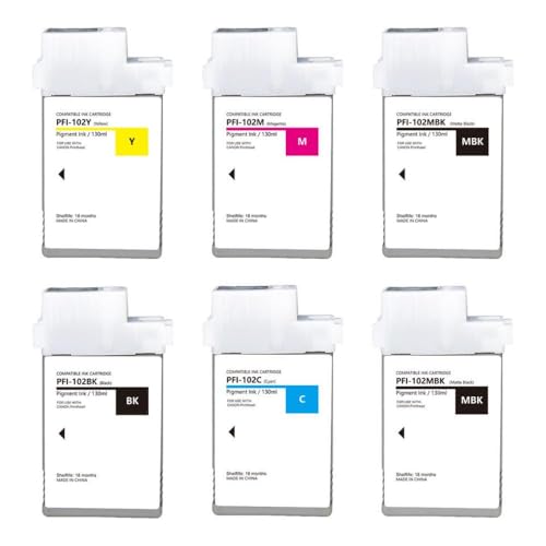 MTGUIWF Kompatible Pigmenttintenpatrone PFI-102 PFI102 Kompatibel mit IPF500 IPF510 IPF600 IPF605 IPF610 IPF700 mit Tinte und Chip(1 Set-6 Pieces) von MTGUIWF