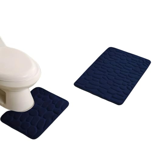 MTKSFDC Badematte rutschfest 2pcs geprägtes Steinmuster Toilettenmatten-Türmatten absorbieren Wassermatten Nicht-Schlupfteppichmatte, können Streifen Teppichhäuser Dekoration waschen(Dark Blue) von MTKSFDC