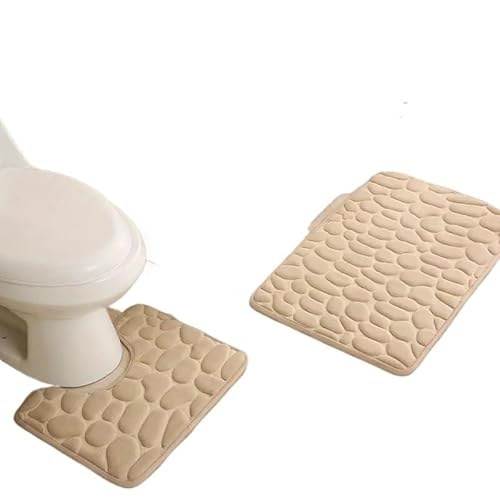 MTKSFDC Badematte rutschfest 2pcs geprägtes Steinmuster Toilettenmatten-Türmatten absorbieren Wassermatten Nicht-Schlupfteppichmatte, können Streifen Teppichhäuser Dekoration waschen(Khaki) von MTKSFDC