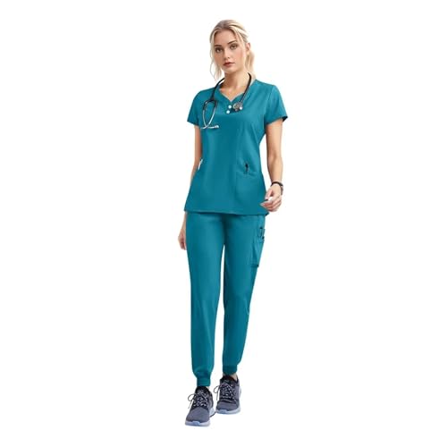 MTKSFDC Kasacks Damen Pflege Frauen tragen Peeling-Set Arzt Arbeitskleidung Krankenschwester Peelings Set Jogger Anzug Arzt Krankenhaus Chirurgische Uniformen(42162-Lake Blue,XXL) von MTKSFDC
