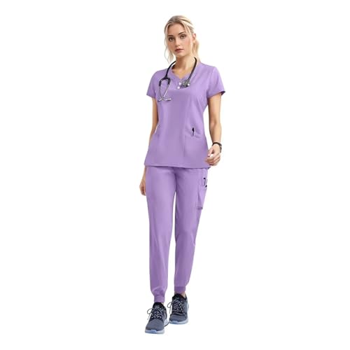 MTKSFDC Kasacks Damen Pflege Frauen tragen Peeling-Set Arzt Arbeitskleidung Krankenschwester Peelings Set Jogger Anzug Arzt Krankenhaus Chirurgische Uniformen(42162-Light Purple,XXL) von MTKSFDC