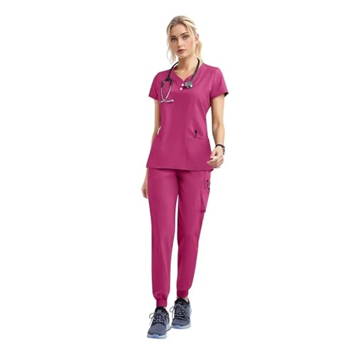 MTKSFDC Kasacks Damen Pflege Frauen tragen Peeling-Set Arzt Arbeitskleidung Krankenschwester Peelings Set Jogger Anzug Arzt Krankenhaus Chirurgische Uniformen(42162-Rose red,L) von MTKSFDC