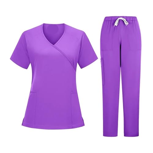 MTKSFDC Kasacks Damen Pflege Krankenschwester Scrubs Scrub Weiche Atmungsaktive Jogginghose Set Chirurgische Uniformen Frau Krankenpflege Klinische Arzt Arbeitskleidung(Purple,M) von MTKSFDC