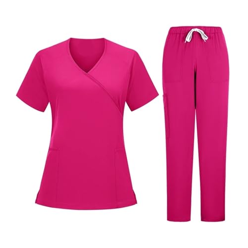 MTKSFDC Kasacks Damen Pflege Krankenschwester Scrubs Scrub Weiche Atmungsaktive Jogginghose Set Chirurgische Uniformen Frau Krankenpflege Klinische Arzt Arbeitskleidung(Rose red,XL) von MTKSFDC
