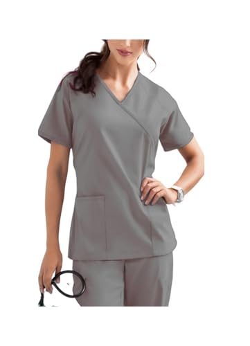 MTKSFDC Kasacks Damen Pflege Uniformen Stretch Scrub Tops Mit Tasche Hosen Krankenschwester Uniform Arzt Overalls Schönheit Salon Workw(Gray,XXL) von MTKSFDC