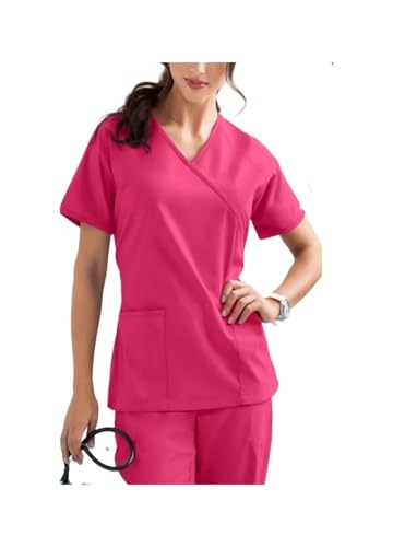 MTKSFDC Kasacks Damen Pflege Uniformen Stretch Scrub Tops Mit Tasche Hosen Krankenschwester Uniform Arzt Overalls Schönheit Salon Workw(Rose red,M) von MTKSFDC
