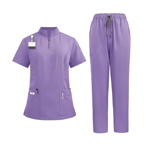 MTKSFDC Kasacks Damen Pflege Unisex Uniformen for V-Ausschnitt Krankenschwester Scurbs Set Frauen Krankenhaus Arzt Arbeitskleidung Dental Arbeitsuniform(42108-light Purple,M) von MTKSFDC