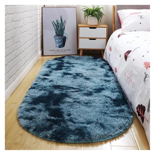 MTKSFDC Schlafzimmer Teppich Ovaler Dicker Teppich for Wohnzimmer, Plüsch-Schlafzimmerteppiche, Langflor-Plüschteppich, Kinderbett, Weiche Samtmatte, Heimdekoration(Dark Blue Gradient,100X200cm) von MTKSFDC