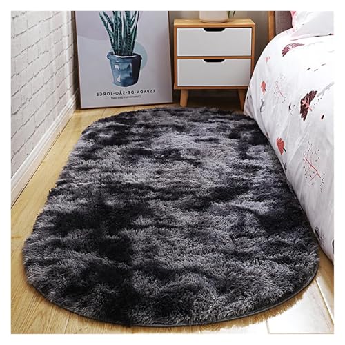 MTKSFDC Schlafzimmer Teppich Ovaler Dicker Teppich for Wohnzimmer, Plüsch-Schlafzimmerteppiche, Langflor-Plüschteppich, Kinderbett, Weiche Samtmatte, Heimdekoration(Dark Gray Gradient,60X120cm) von MTKSFDC
