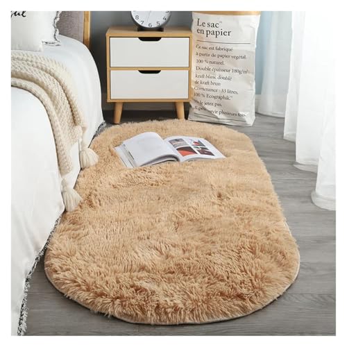 MTKSFDC Schlafzimmer Teppich Ovaler Dicker Teppich for Wohnzimmer, Plüsch-Schlafzimmerteppiche, Langflor-Plüschteppich, Kinderbett, Weiche Samtmatte, Heimdekoration(Khaki,150X200cm) von MTKSFDC