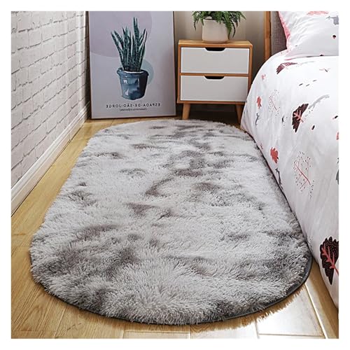 MTKSFDC Schlafzimmer Teppich Ovaler Dicker Teppich for Wohnzimmer, Plüsch-Schlafzimmerteppiche, Langflor-Plüschteppich, Kinderbett, Weiche Samtmatte, Heimdekoration(Light Gray Gradient,100X120cm) von MTKSFDC