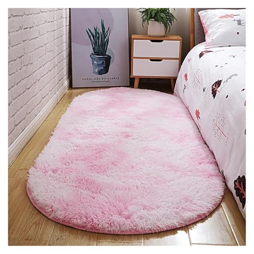 MTKSFDC Schlafzimmer Teppich Ovaler Dicker Teppich for Wohnzimmer, Plüsch-Schlafzimmerteppiche, Langflor-Plüschteppich, Kinderbett, Weiche Samtmatte, Heimdekoration(Light pink Gradient,100X120cm) von MTKSFDC