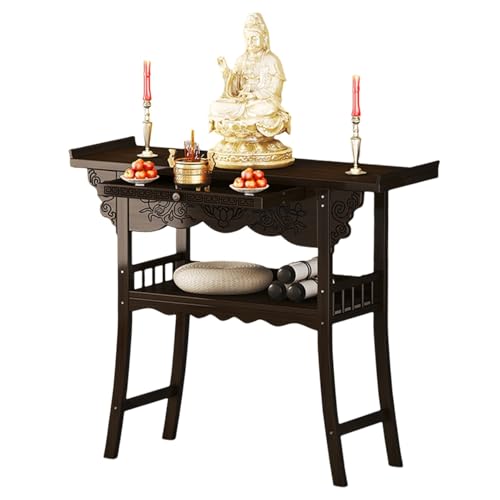 MTNBHH Altartisch for Zuhause mit ausziehbarer Schublade, Schreinregal im geschnitzten Paneel-Design for Pooja, Meditation, Dekoration(100cm) von MTNBHH