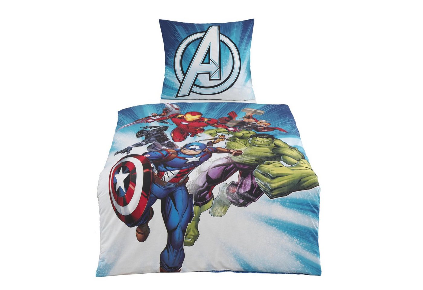 MTOnlinehandel Bettwäsche Avengers Marvel 135x200 + 80x80 cm, 100 % Baumwolle, Flanell/Biber, 2 teilig, Jungen Kinderbettwäsche mit Captain America, Iron Man, Hulk & Thor von MTOnlinehandel
