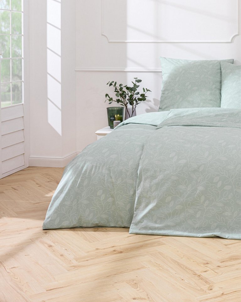 MTOnlinehandel Bettwäsche Emma in 135x200 oder 155x220 cm, Renforcé, 100% Baumwolle, 2 teilig, Blätterranke, Blumen, Zweige Bettwäsche-Set in salbeigrün von MTOnlinehandel