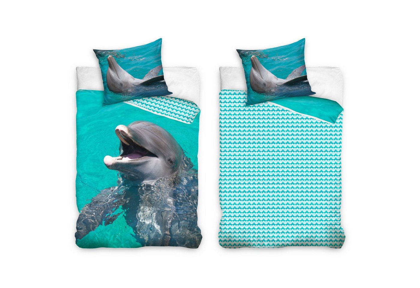 Bettwäsche Delfin 135x200 + 80x80 cm, 100 % Baumwolle, MTOnlinehandel, Renforcé, 2 teilig, Delphin, Meer, Ozean Bettwäsche-Set in blau & türkis von MTOnlinehandel