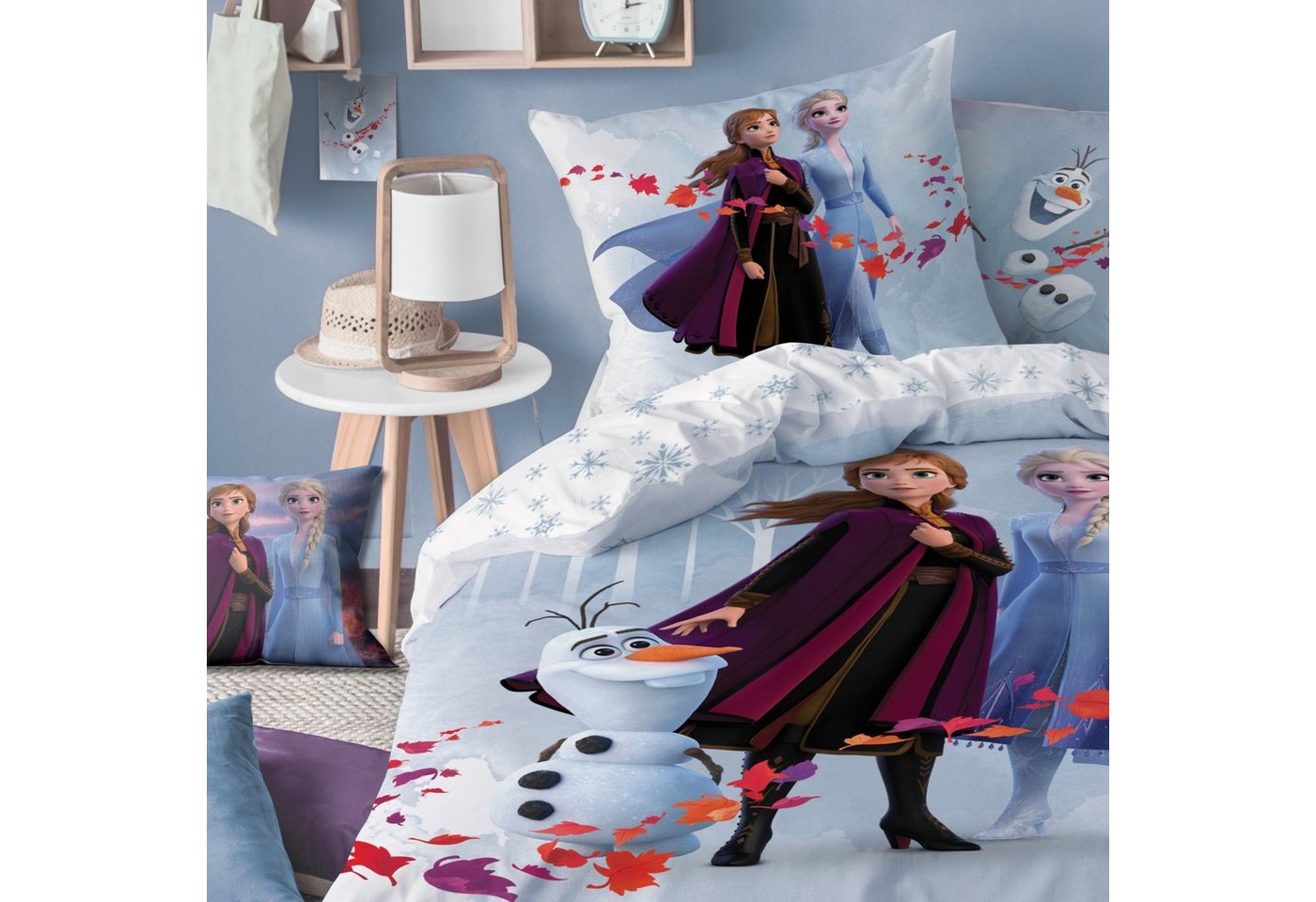 MTOnlinehandel Bettwäsche Frozen Eiskönigin 135x200+80x80 cm, 100 % Baumwolle, Flanell, 2 teilig, Disney's Kinderbettwäsche mit Anna, Elsa & Olaf Biber Mädchen von MTOnlinehandel