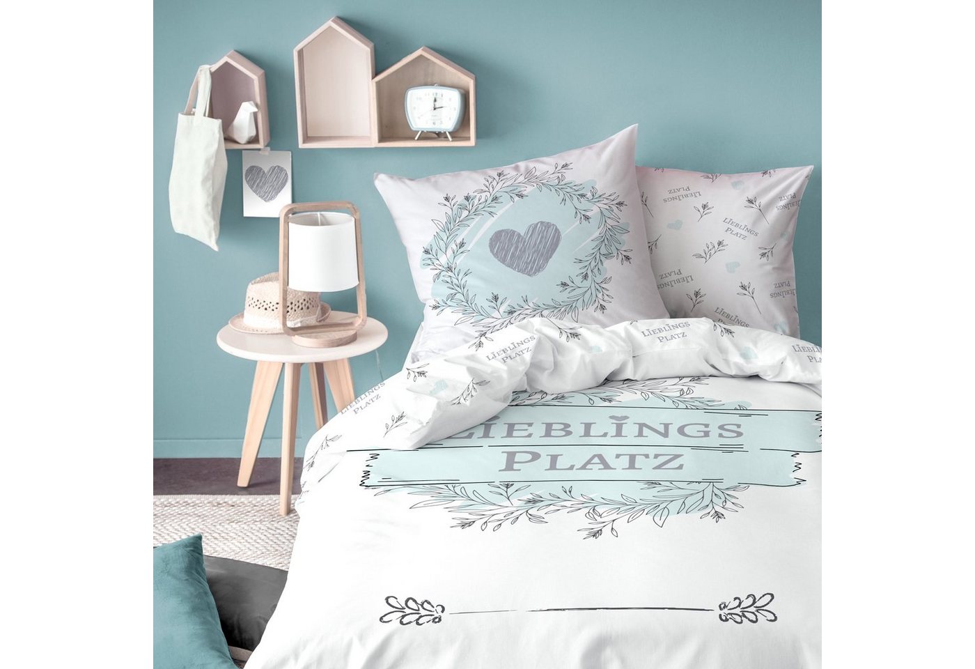 MTOnlinehandel Bettwäsche Lieblingsplatz 135x200 oder 155x220 + 80x80 cm, 100 % Baumwolle, Biber, 2 teilig, Blumen, Herz & Spruch, Bettwäsche-Set Flanell Teenager & Erwachsene von MTOnlinehandel