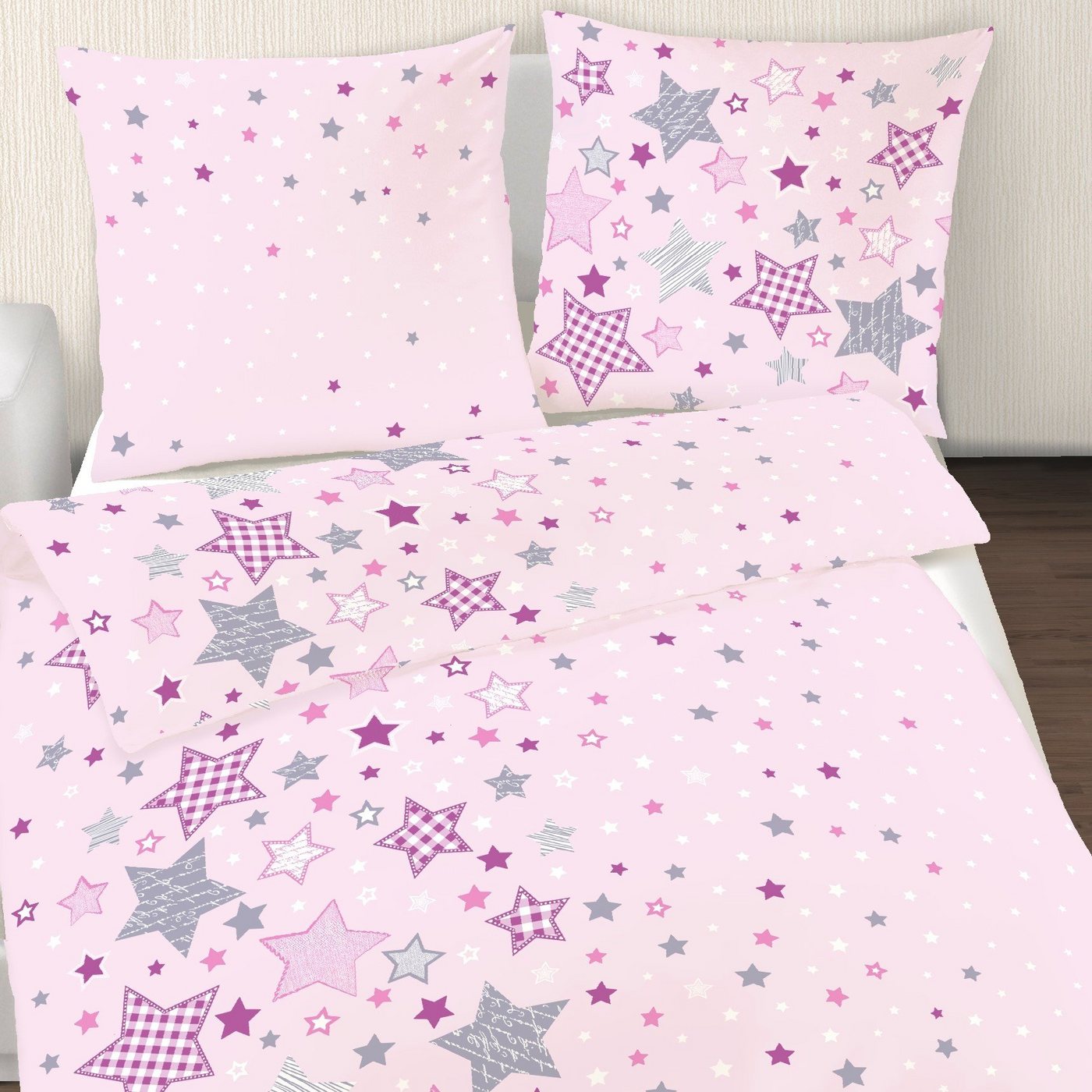 Bettwäsche Sterne 135x200 + 80x80 cm, 100 % Baumwolle, MTOnlinehandel, Biber, 2 teilig, Kinderbettwäsche mit vielen Sternen & Sternchen in rosa, lila & grau von MTOnlinehandel