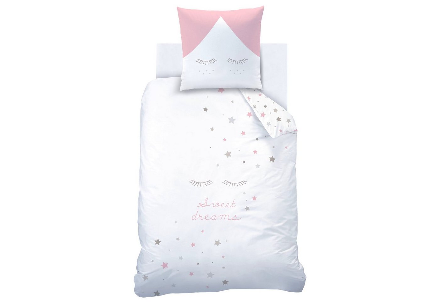MTOnlinehandel Bettwäsche Sweet Dreams 135x200 + 80x80 cm, 100 % Baumwolle, Renforcé, 2 teilig, Sterne, Wimpern Bettwäsche in rosa & grau für Kinder und Erwachsene von MTOnlinehandel