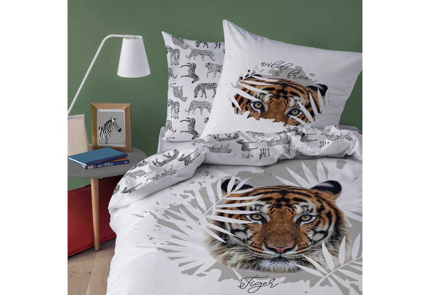 Bettwäsche Tiger 135x200 + 80x80 cm, 100 % Baumwolle, MTOnlinehandel, Renforcé, 2 teilig, Wild & Free Safari Bettwäsche-Set für Kinder, Teenager & Erwachsene von MTOnlinehandel