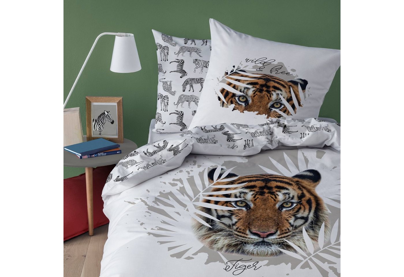 MTOnlinehandel Bettwäsche Tiger 135x200 + 80x80 cm, 100 % Baumwolle, Renforcé, 2 teilig, Wild & Free Safari Bettwäsche-Set für Kinder, Teenager & Erwachsene von MTOnlinehandel