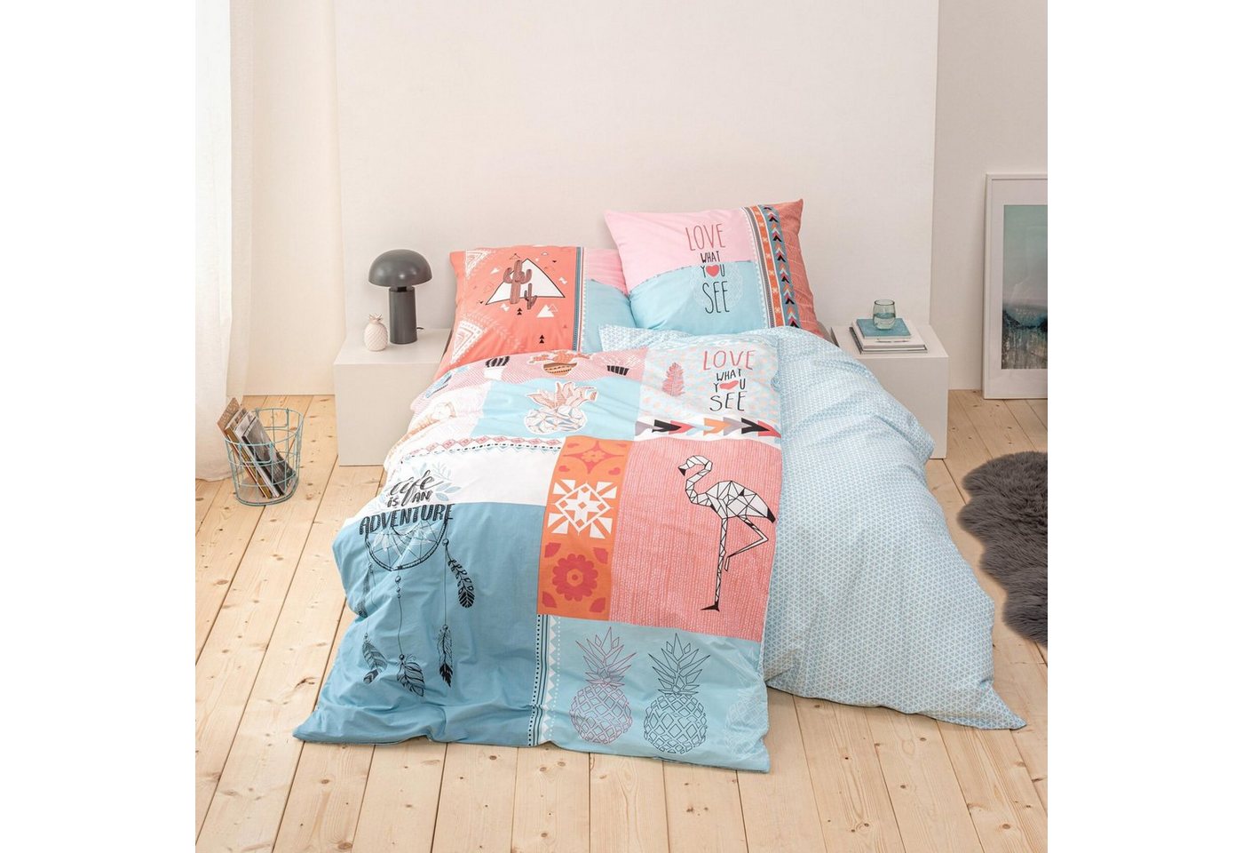 MTOnlinehandel Bettwäsche Traumfänger Flamingo 135x200 + 80x80 cm, 100 % Baumwolle, Renforcé, 2 teilig, für Kinder und Erwachsene in Bohemian Style mit vielen Details von MTOnlinehandel