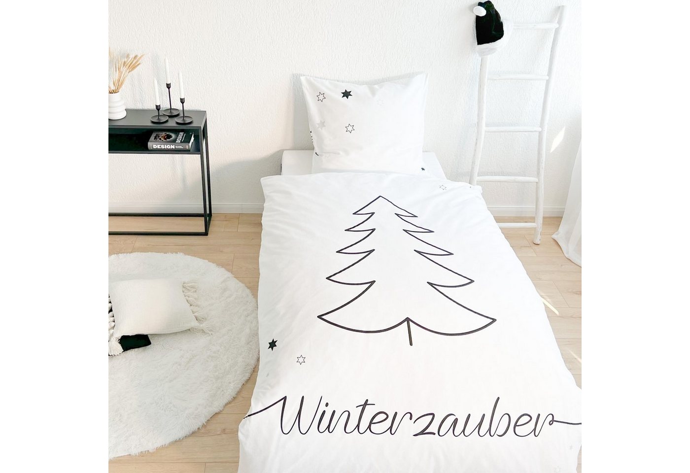 Bettwäsche Weihnachten Winterzauber, Tannenbaum und Sterne, Flanell, MTOnlinehandel, Biber, 2 teilig, 100% Baumwolle in Biber, 80x80 + 135x200 cm von MTOnlinehandel