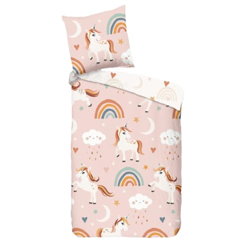 Einhorn Bettwäsche 135x200, Regenbogen Kinderbettwäsche 80x80 + 135x200, rosa Mädchen Teenager Bettwäsche aus Microfaser, angenehm & weich (Einhorn) von MTOnlinehandel