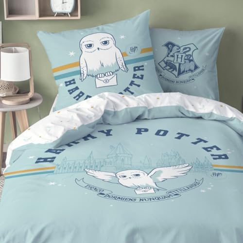 Harry Potter Bettwäsche 135x200 + 80x80 - Eule Hedwig - Harry Potter Fanartikel, Kinder-Bettwäsche, Teenager-Bettwäsche für Mädchen und Jungen, 100% Baumwolle (Blau) von MTOnlinehandel