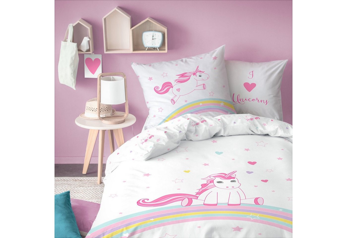 Kinderbettwäsche Einhorn Regenbogen 135x200 + 80x80 cm, 100 % Baumwolle, MTOnlinehandel, Biber, 2 teilig, kuschelige Unicorn Rainbow Bettwäsche von MTOnlinehandel