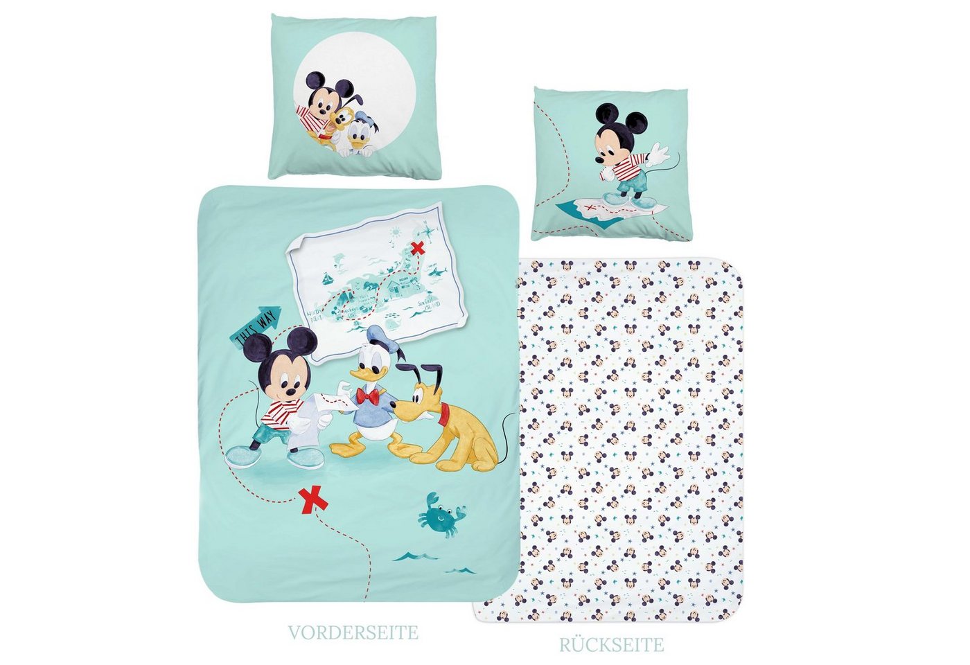 Kinderbettwäsche Mickey Mouse 135x200 + 80x80 cm, 100 % Baumwolle, MTOnlinehandel, Renforcé, 2 teilig, Disney's Mickey Mouse Pluto Donald Duck Bettwäsche für Kinder in mint von MTOnlinehandel