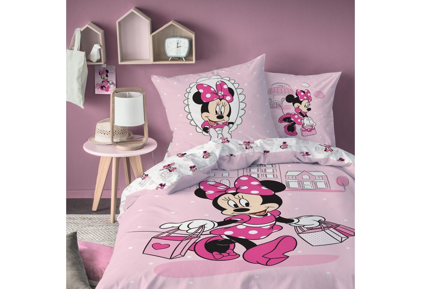 Kinderbettwäsche Minnie Mouse 135x200 + 80x80 cm, 100 % Baumwolle, MTOnlinehandel, Biber, 2 teilig, süße Disney Minnie Maus Bettwäsche in rosa, pink & weiß von MTOnlinehandel