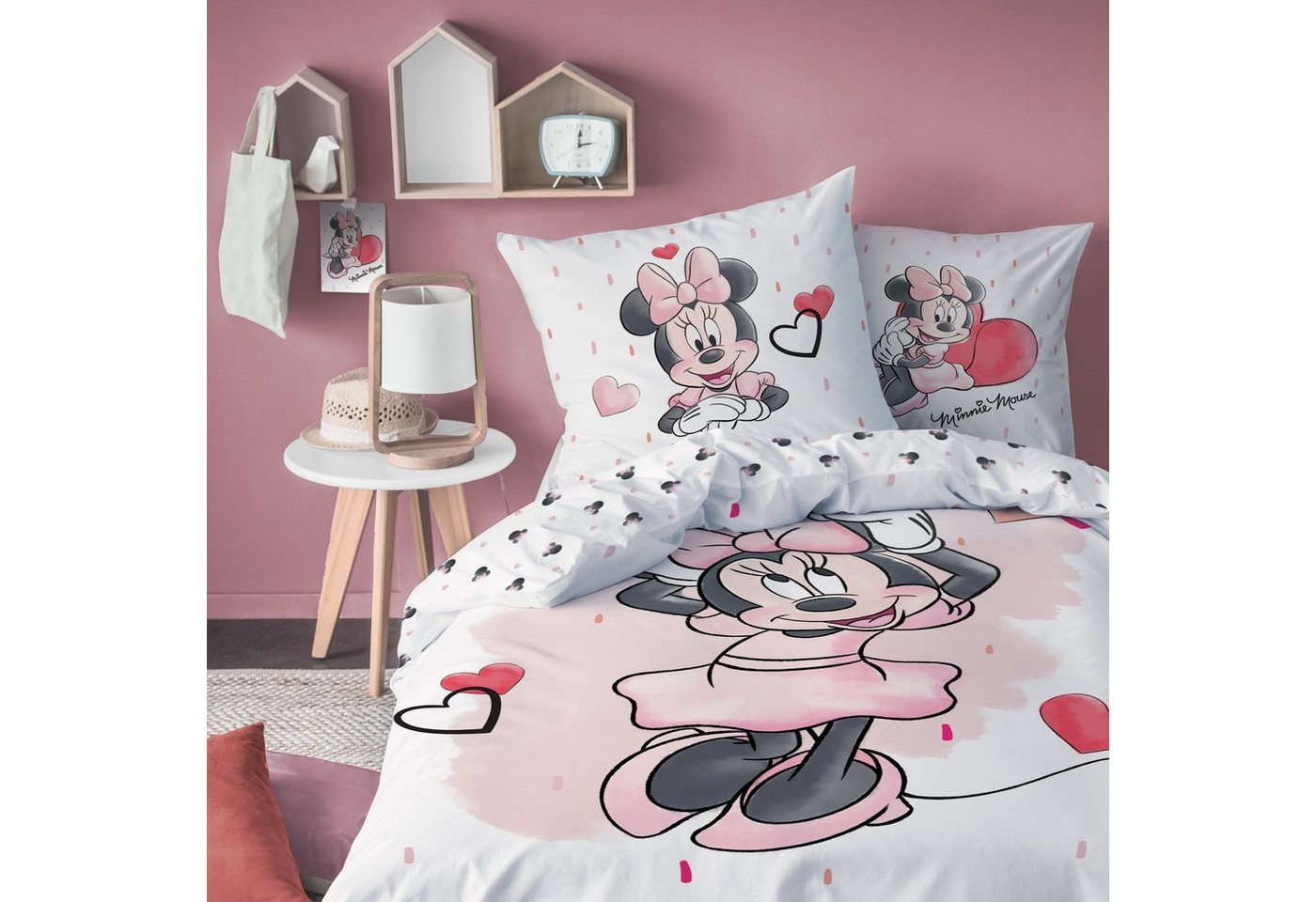 Kinderbettwäsche Minnie Mouse 135x200 + 80x80 cm, 100 % Baumwolle, MTOnlinehandel, Renforcé, 2 teilig, süße Disney Minnie Maus Bettwäsche mit vielen Herzchen in rosa von MTOnlinehandel