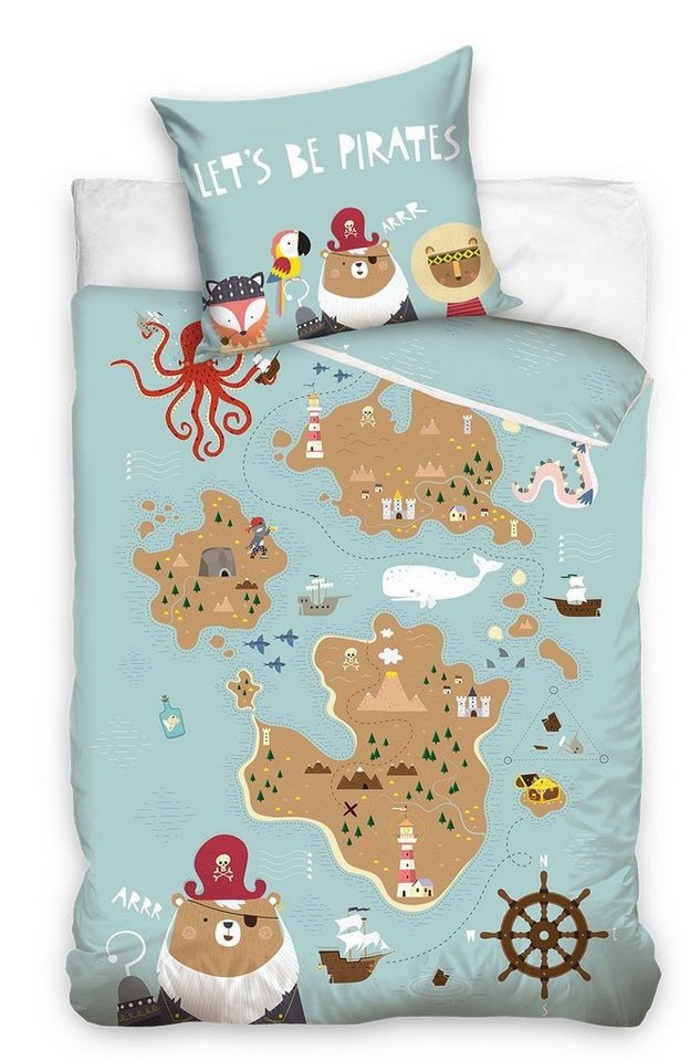 MTOnlinehandel Kinderbettwäsche Piratenbär 135x200 + 80x80 cm, 100 % Baumwolle, Renforcé, 2 teilig, " Let's Be Pirates " Bettwäsche für Mädchen und Jungen von MTOnlinehandel