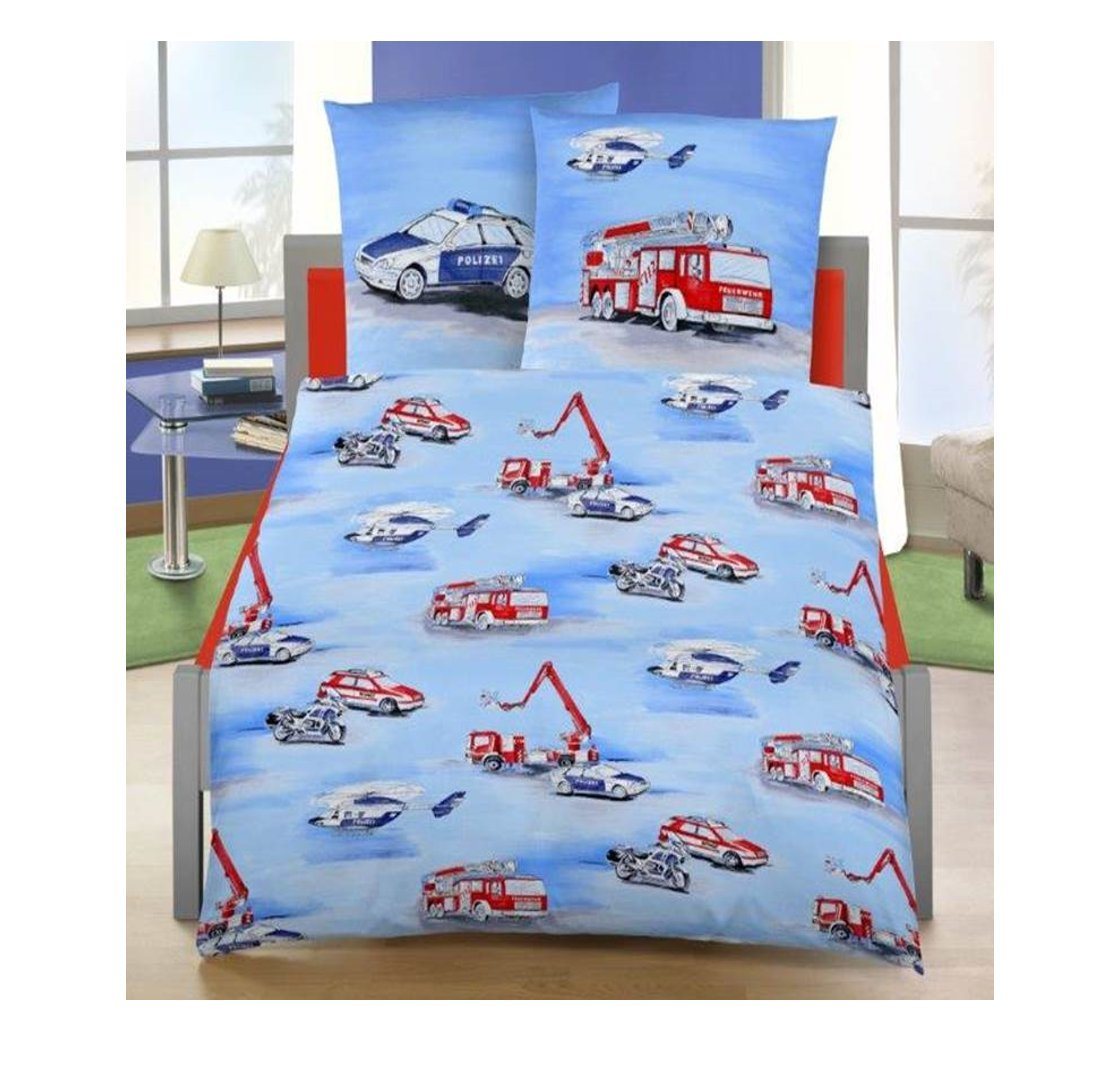 MTOnlinehandel Kinderbettwäsche Polizei & Feuerwehr 135x200 + 80x80 cm, 100 % Baumwolle, Biber, 2 teilig, Autos & Hubschrauber & Motorräder Bettwäsche von MTOnlinehandel