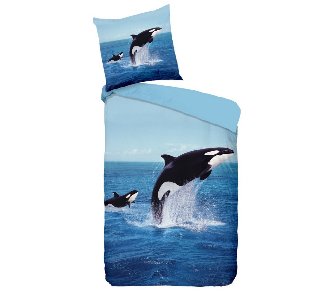 Kinderbettwäsche Wal Ozean Meer 135x200+80x80 cm, MTOnlinehandel, Polyester, 2 teilig, weich & angenehm, Bettwäsche Orca, blau von MTOnlinehandel