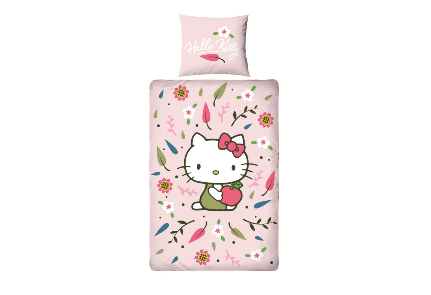MTOnlinehandel Bettwäsche Hello Kitty Blütenzauber, Wende- Motiv für Mädchen, sanfte Rosatöne, Mikrofaser, 2 teilig, 80x80 cm x 135x200 cm, Blüten und Blätter, Kawaii von MTOnlinehandel