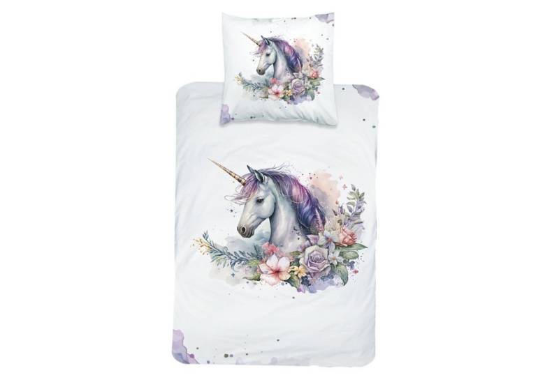 MTOnlinehandel Bettwäsche Magische Tierwelt Satin in 135x200 cm, 100% Baumwolle, 2 teilig, Wendebettwäsche in Aquarelloptik, Einhorn, lila von MTOnlinehandel