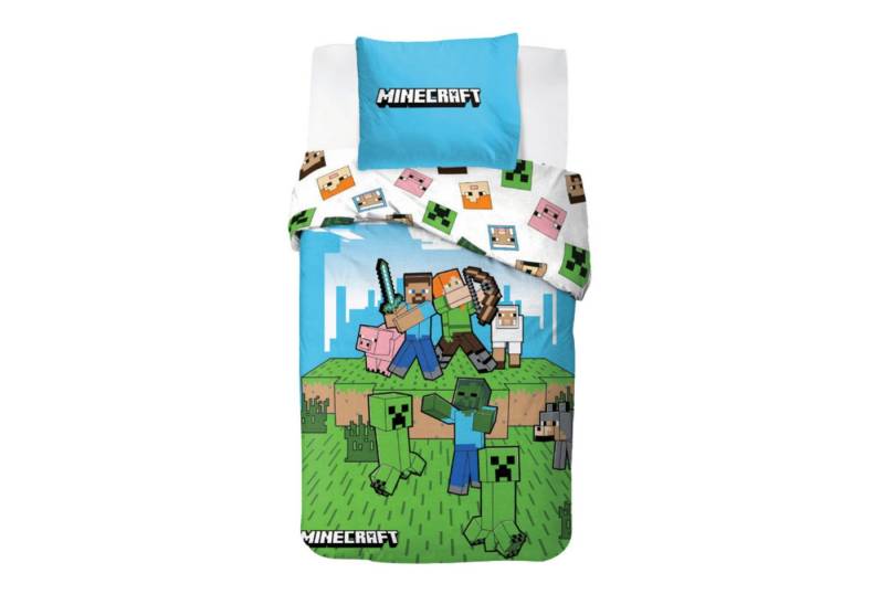 MTOnlinehandel Bettwäsche Minecraft Pixelwelt 135x200 + 80x80 cm in Renforcé, 100% Baumwolle, 2 teilig, Geschenk für Gamer von MTOnlinehandel
