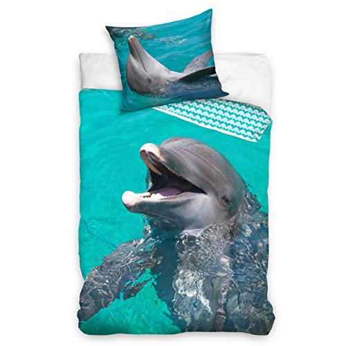 MTOnlinehandel Delfin Bettwäsche 135x200 80x80 Baumwolle · Kinder-Bettwäsche für Mädchen und Jungen · Reißverschluss · Bettwäsche-Set von MTOnlinehandel