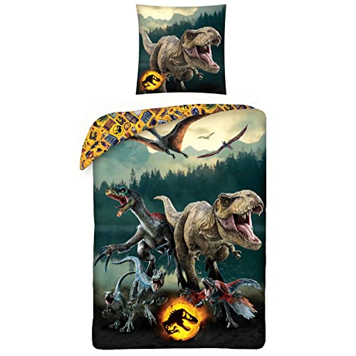 MTOnlinehandel Jurassic World Dinosaurier Kinder-Bettwäsche · 1 x Kissenbezug 80x80 + 1 x Bettbezug 135x200 cm · T-Rex Dino · 100% Baumwolle · von MTOnlinehandel