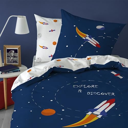 MTOnlinehandel Kinder-Bettwäsche Set 135x200 + 80x80, Rakete, Weltall dunkelblau, Planeten Bettewäsche für Jungen und Mädchen, Reißverschluss, 100% Baumwolle (Weltall) von MTOnlinehandel