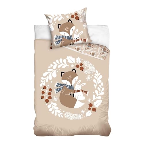 MTOnlinehandel Kinder Bettwäsche Set 135x200 80x80 cm · Fuchs & Hase Herbst Motiv · 100% Baumwolle mit YKK Reißverschluss · sanft, weich für Mädchen und Jungen von MTOnlinehandel