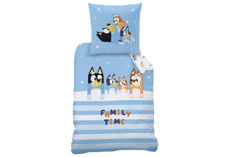 MTOnlinehandel Kinderbettwäsche Bluey Family Time 135x200 + 80x80 cm in Renforcé, Geschenkidee, 100% Baumwolle, 2 teilig, Wendebettwäsche für Mädchen und Jungen, Bluey & Family von MTOnlinehandel