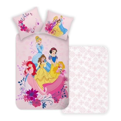 MTOnlinehandel Mädchen-Bettwäsche 135x200 Prinzessin Arielle, Schneewittchen, Cinderella, Belle in rosa mit tollen Blumen-Motiv, 1x Kissenbezug 80x80 + Bettbezug 135x200, 100% Baumwolle von MTOnlinehandel