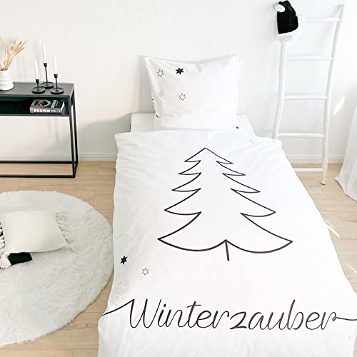 MTOnlinehandel TRAUMHELDEN Bettwäsche 135x200 Biber, Soft, weich & kuschelig, Weihnachten, Sterne, Tannenbaum & Winterzauber, 1 Kissenbezug 80x80 + 1 Bettbezug 135x200 Winterbettwäsche Flanell von MTOnlinehandel