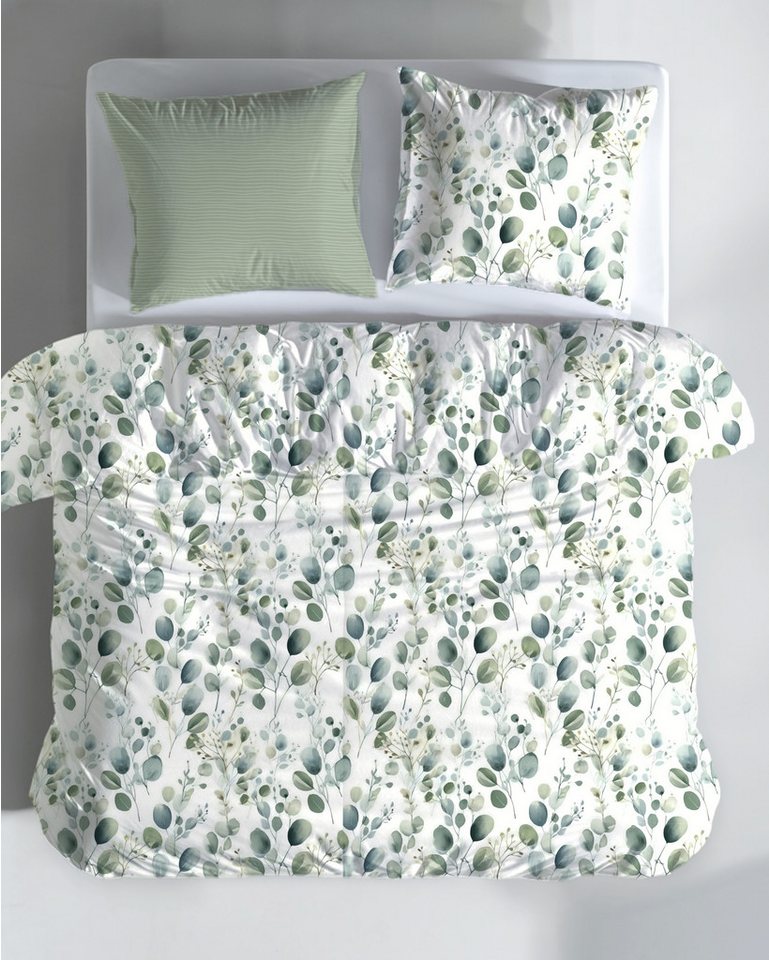 MTOnlinehandel Wendebettwäsche Eukalyptus Dusty Green in zwei Größen • Blätter • Blumen, Microfaser, 2 teilig, sanft und weich • Aquarell-Optik • Partnerbettwäsche von MTOnlinehandel