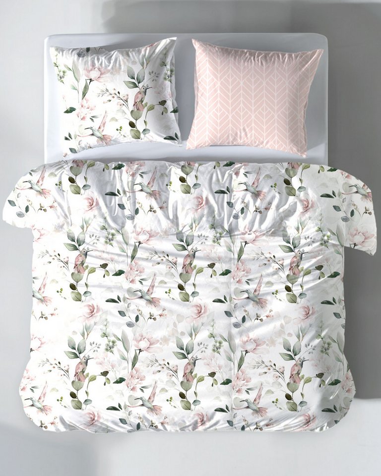 MTOnlinehandel Wendebettwäsche Kolibri & Blumen in zwei Größen • Frühling, Microfaser, 2 teilig, Florales Muster • rosa • Partnerbettwäsche von MTOnlinehandel