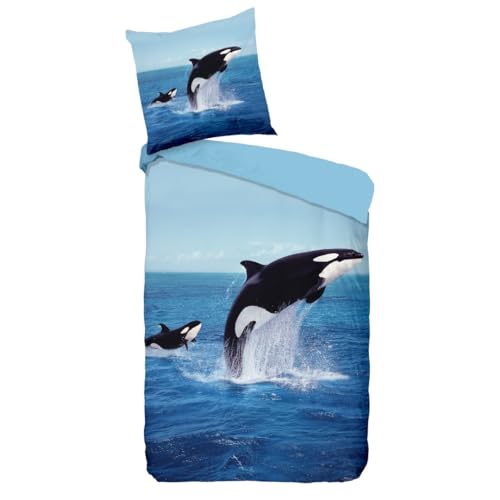 Wal Orca Bettwäsche 135x200, Kinderbettwäsche 80x80 + 135x200, blau für Jungen und Mädchen aus Microfaser, angenehm & weich (Wal) von MTOnlinehandel